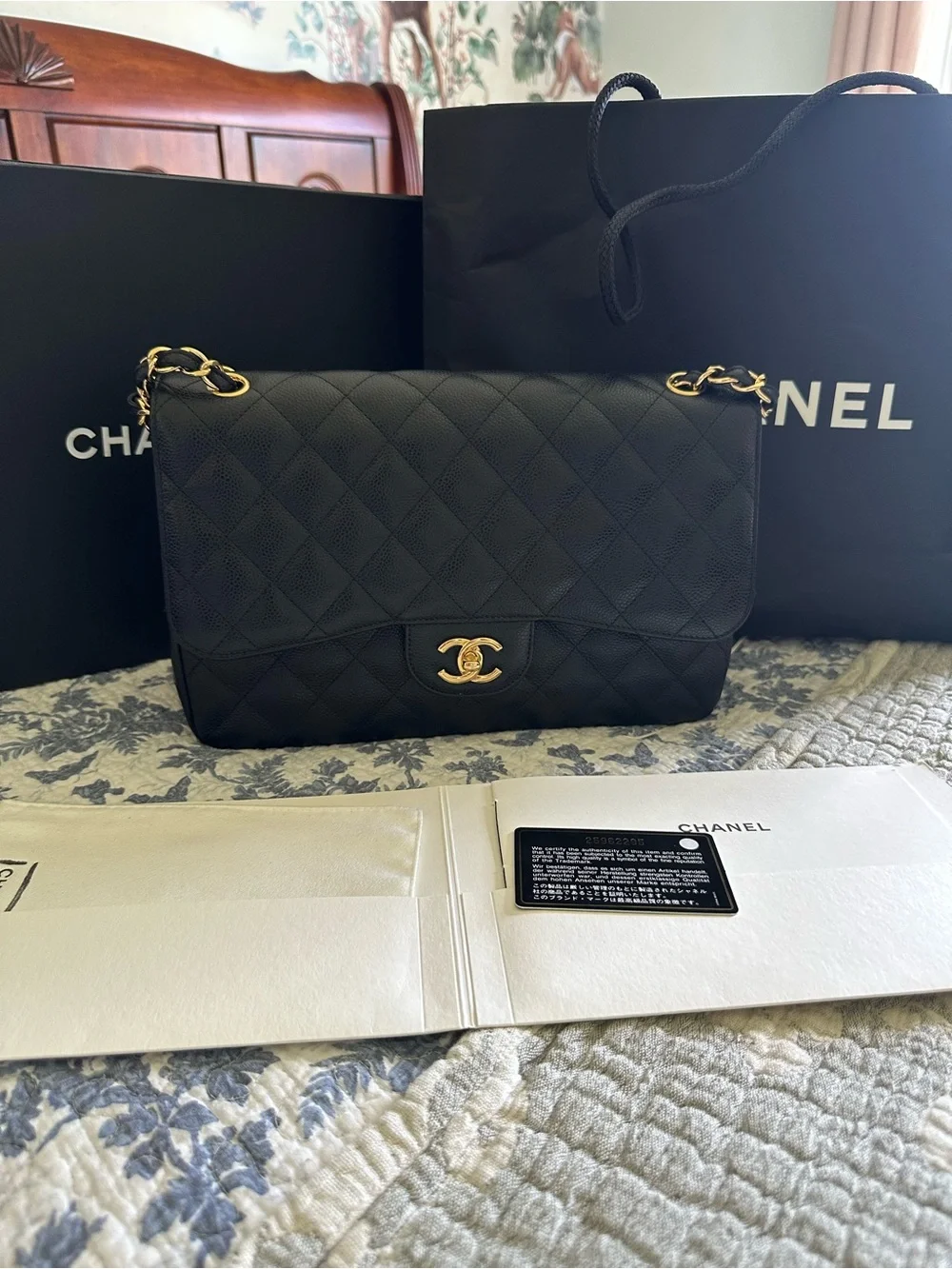 Chanel Jumbo Classic Flap - Black Caviar Leather - Gold Hardware - Full Set 2018